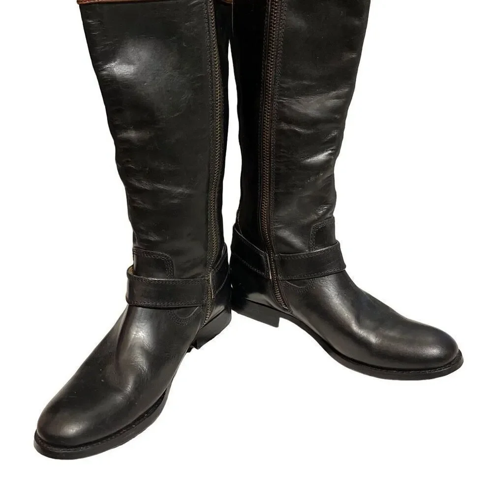 Frye Brown Leather Harness Zip Knee High Boots Womens Size 6 B Style 76928